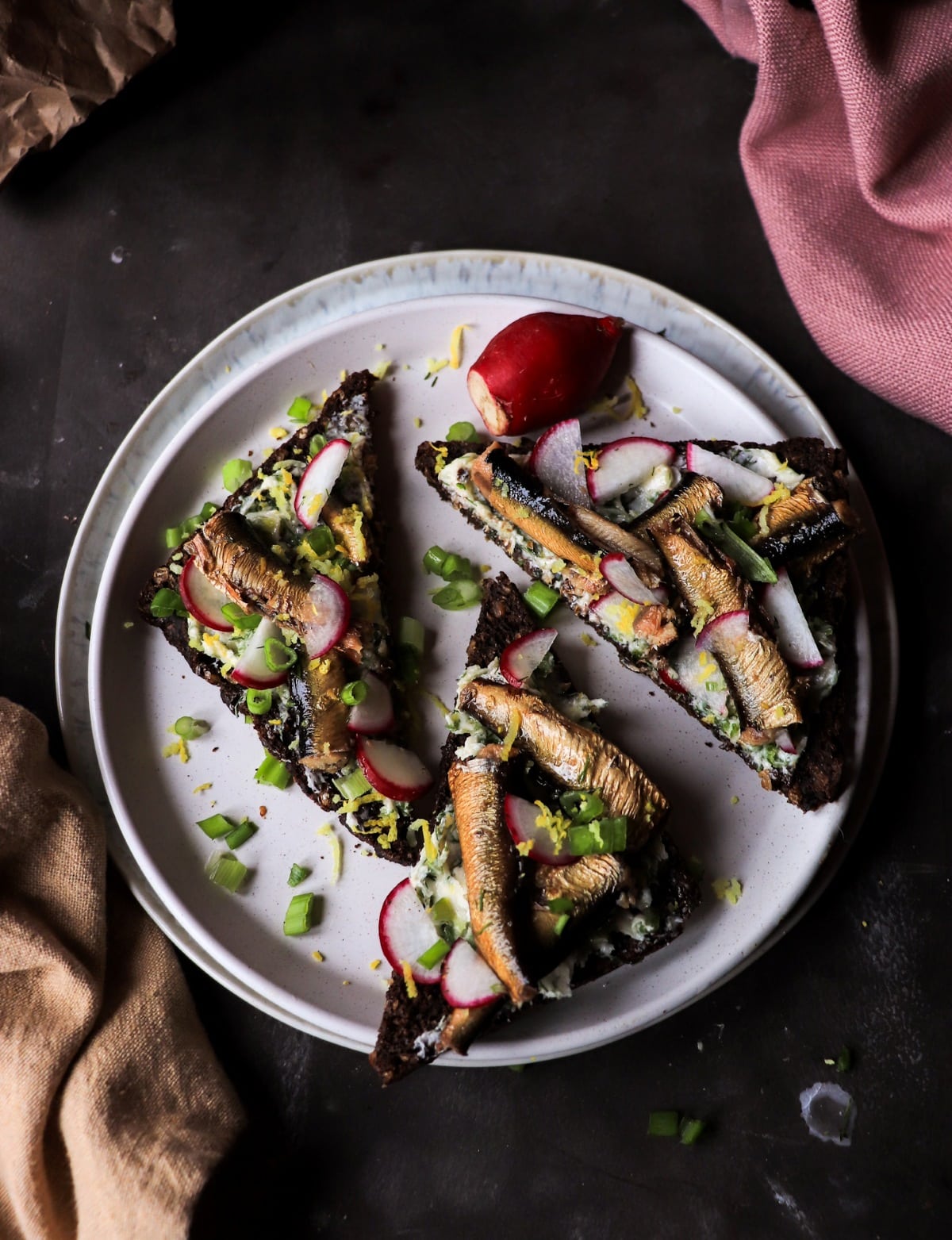 Buttered Rye with Smoked Sprats, Lemon, and Radishes