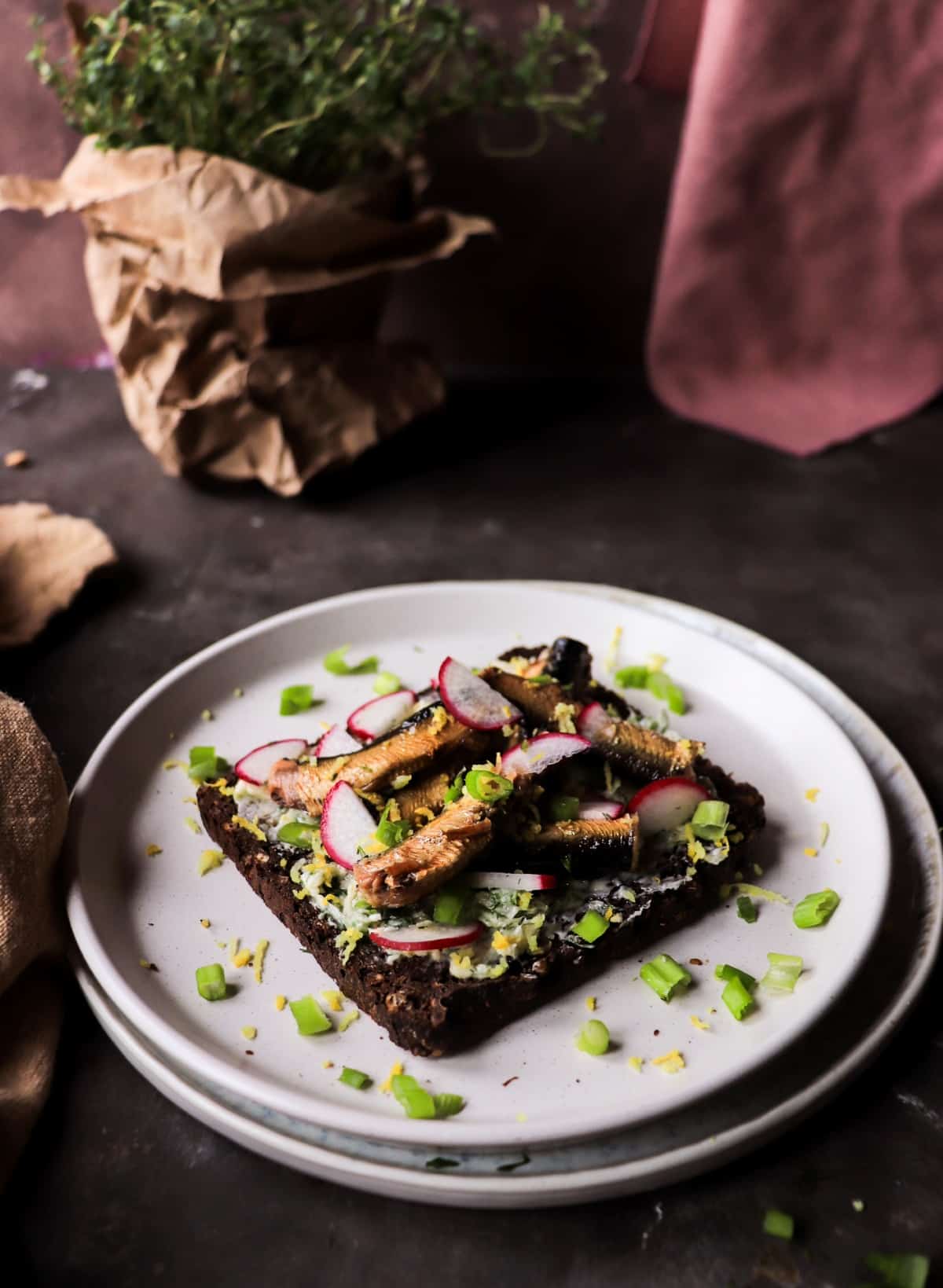 Pumpernickel toast with smoked sprats, green onions, and lemon zest.