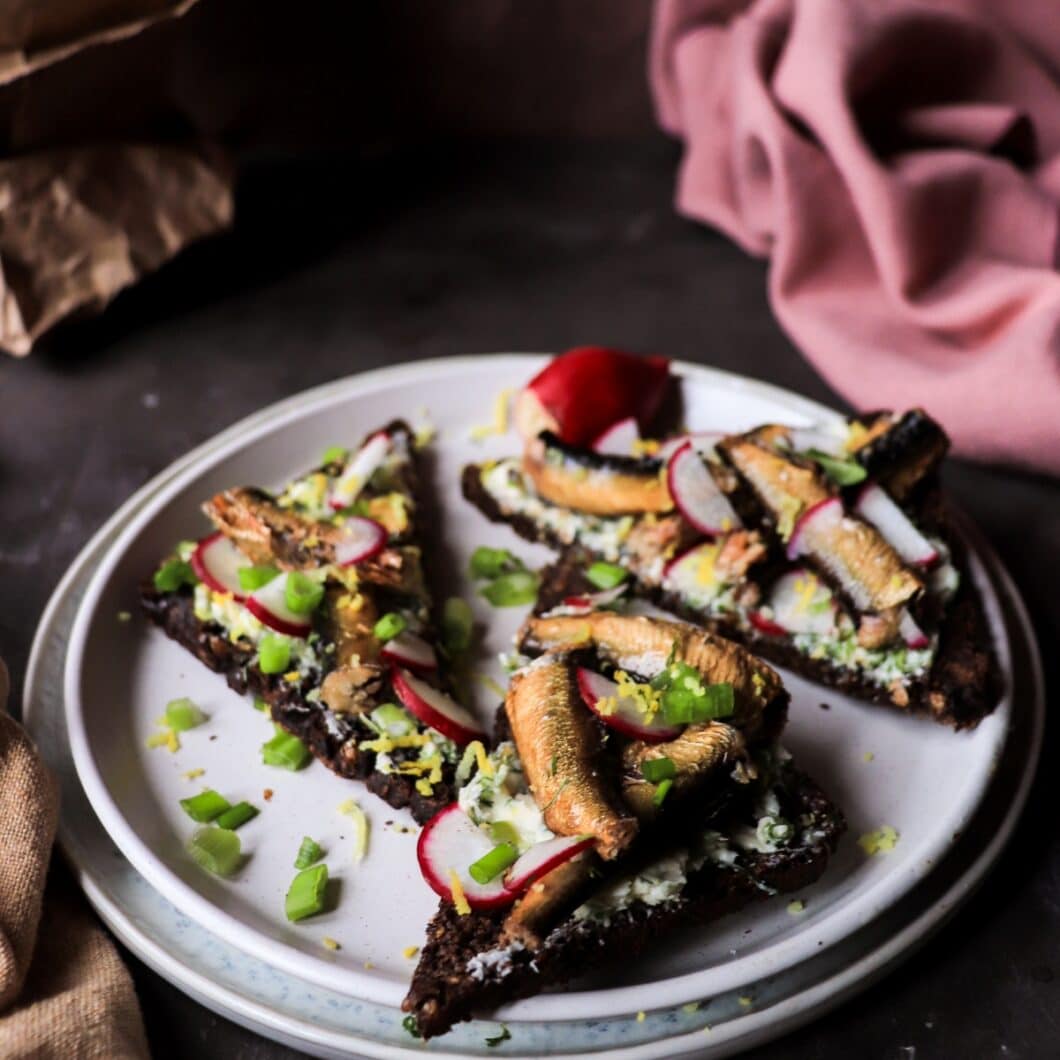 Buttered Rye with Smoked Sprats, Lemon, and Radishes