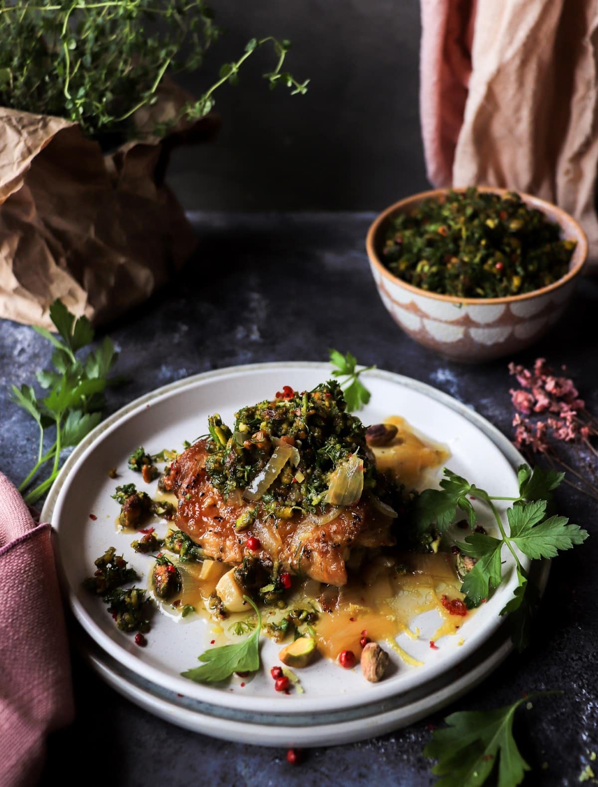 White Wine Braised Chicken Thighs with Pistachio Gremolata