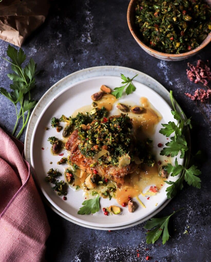 White Wine Braised Chicken Thighs with Pistachio Gremolata