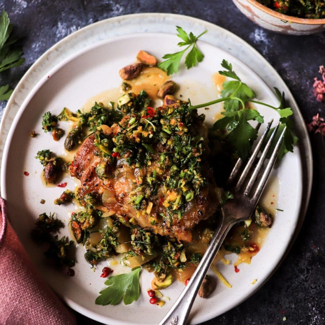 White Wine Braised Chicken Thighs with Pistachio Gremolata