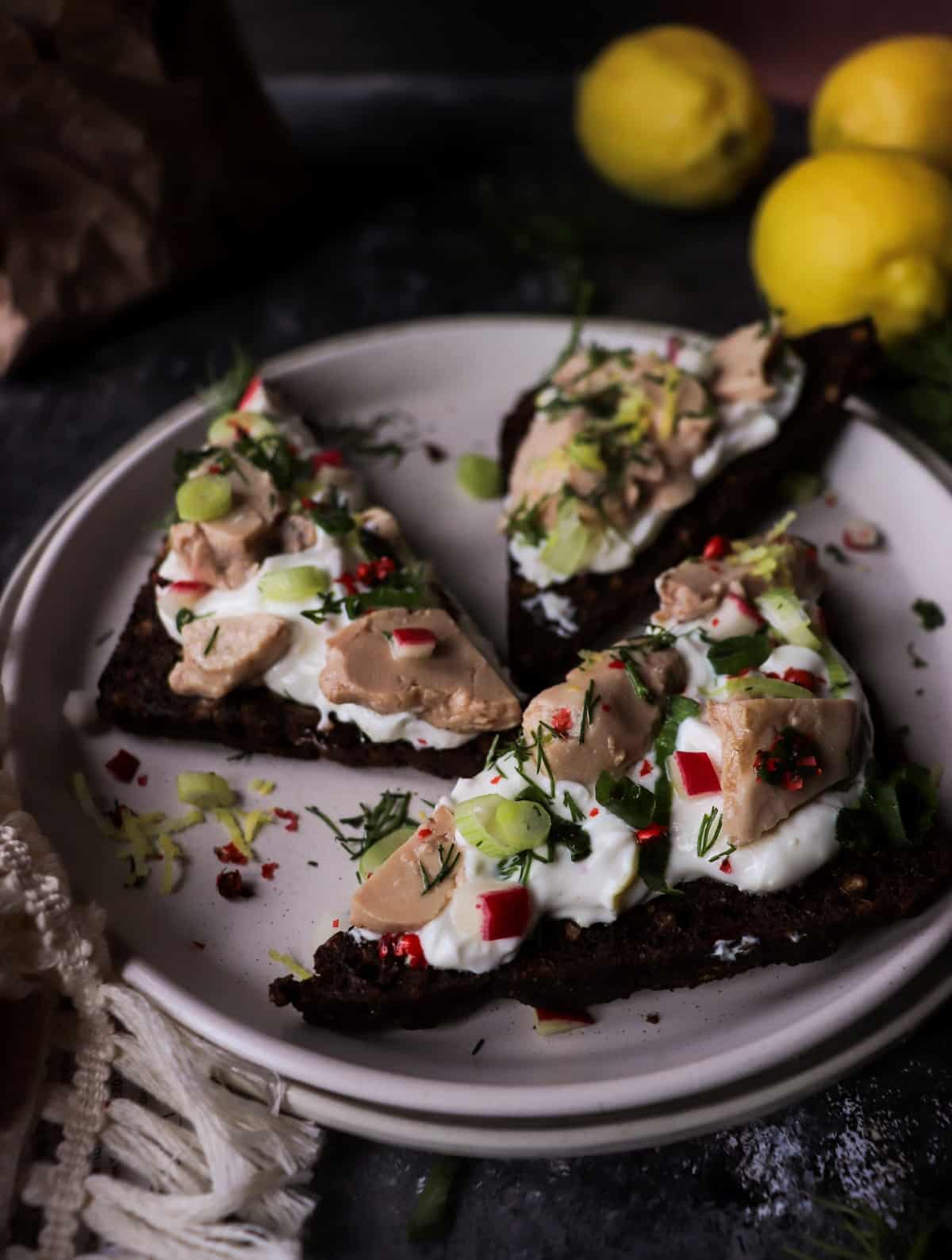 Nordic appetizer: Cod Liver Rye Toast with Lemon Yogurt and Dill