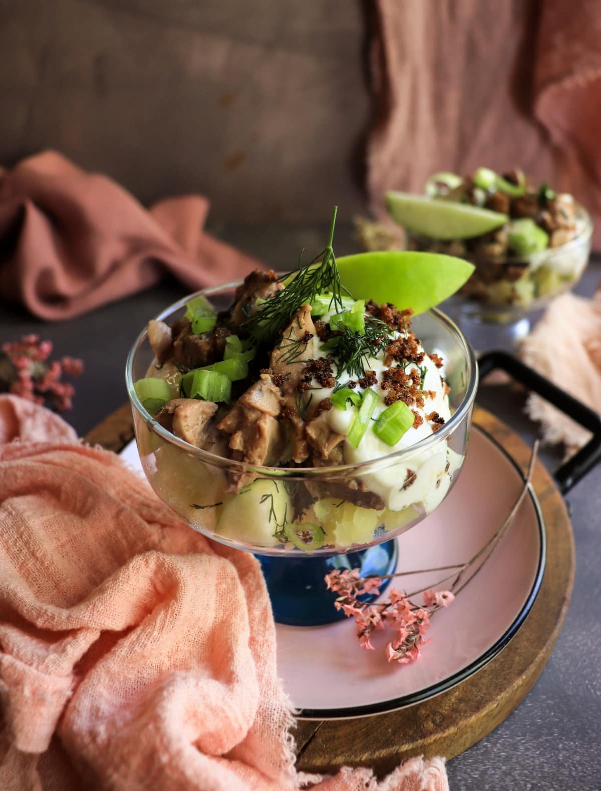 Scandinavian-inspired smoked cod liver verrine with potato, apple, dill, and rye breadcrumbs