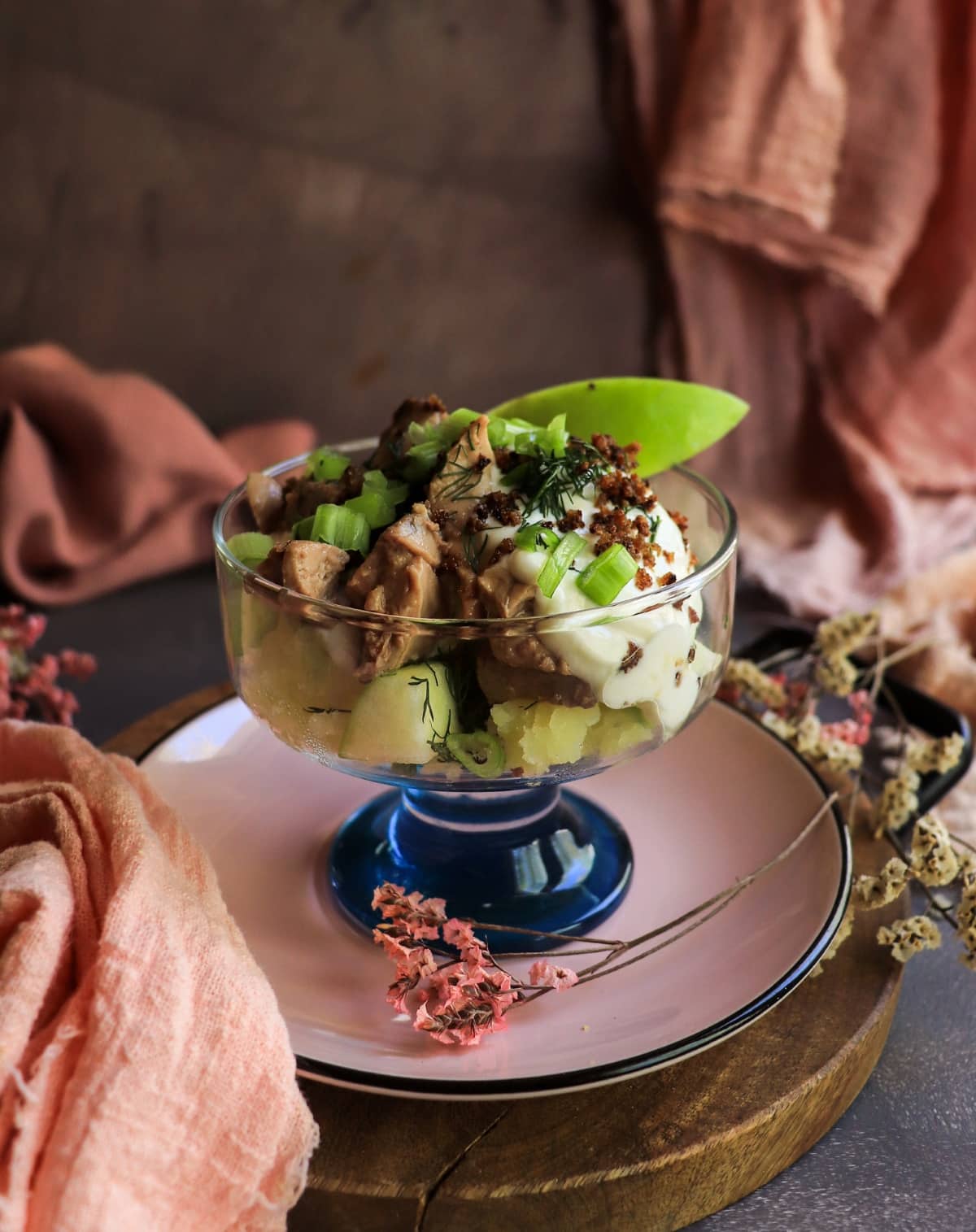 Cod liver verrine with apple, dill, and rye breadcrumbs