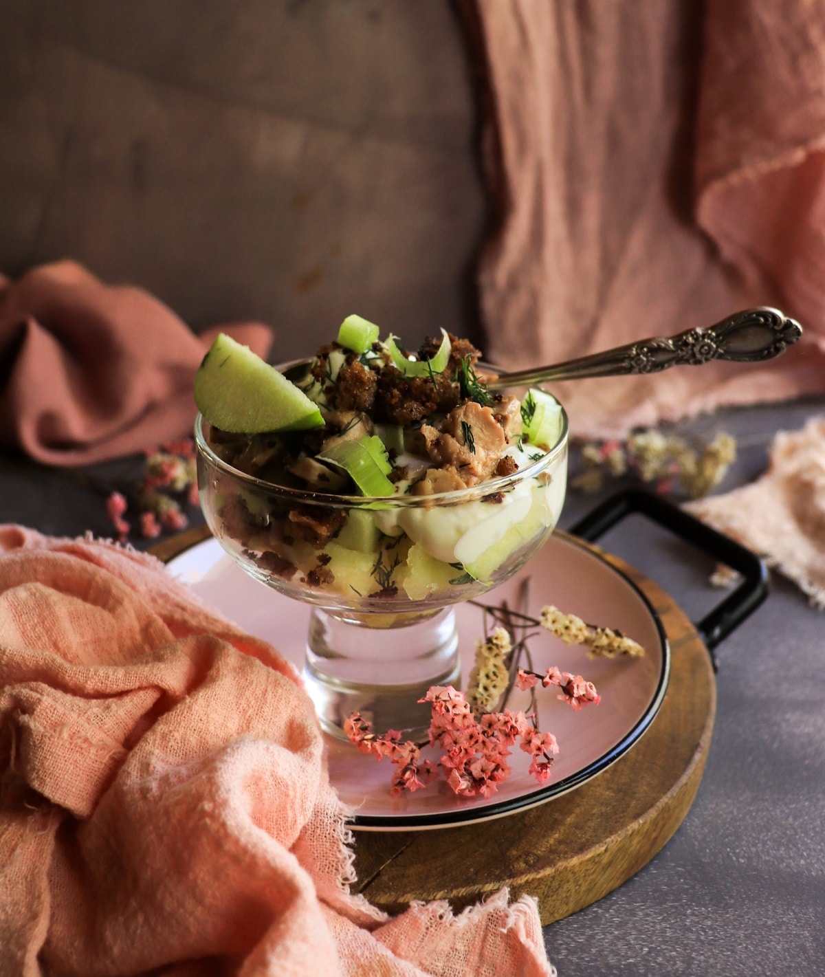 Smoked cod liver verrine with rye breadcrumbs and dill