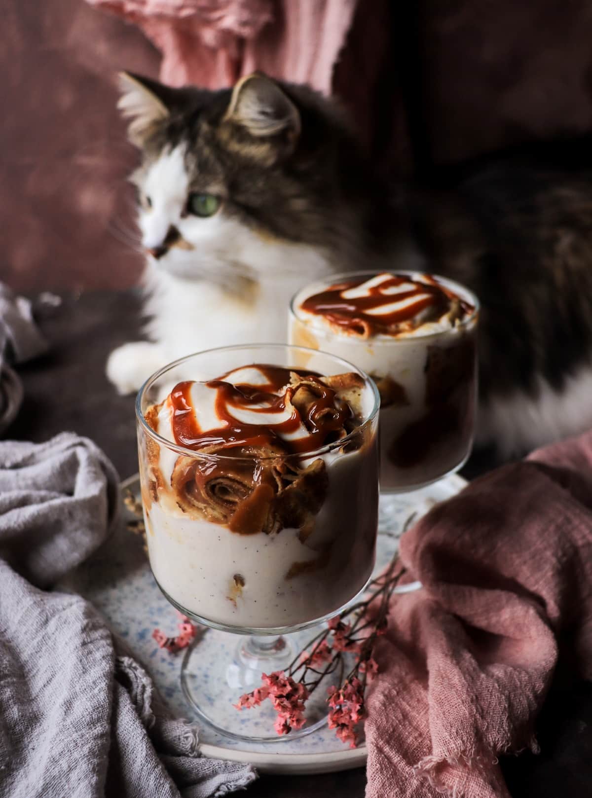 Dulce de leche trifle with crêpes served in a glass