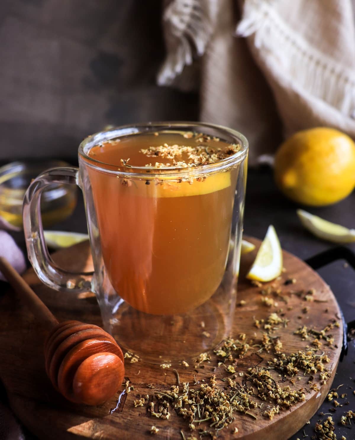 Homemade elderflower tea with lemon and honey