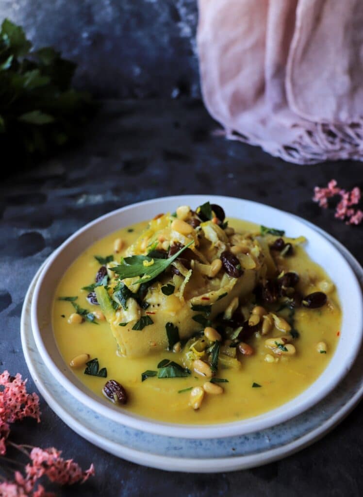 Halibut with Saffron, Raisins, and Pine Nuts (Sicilian-Inspired)