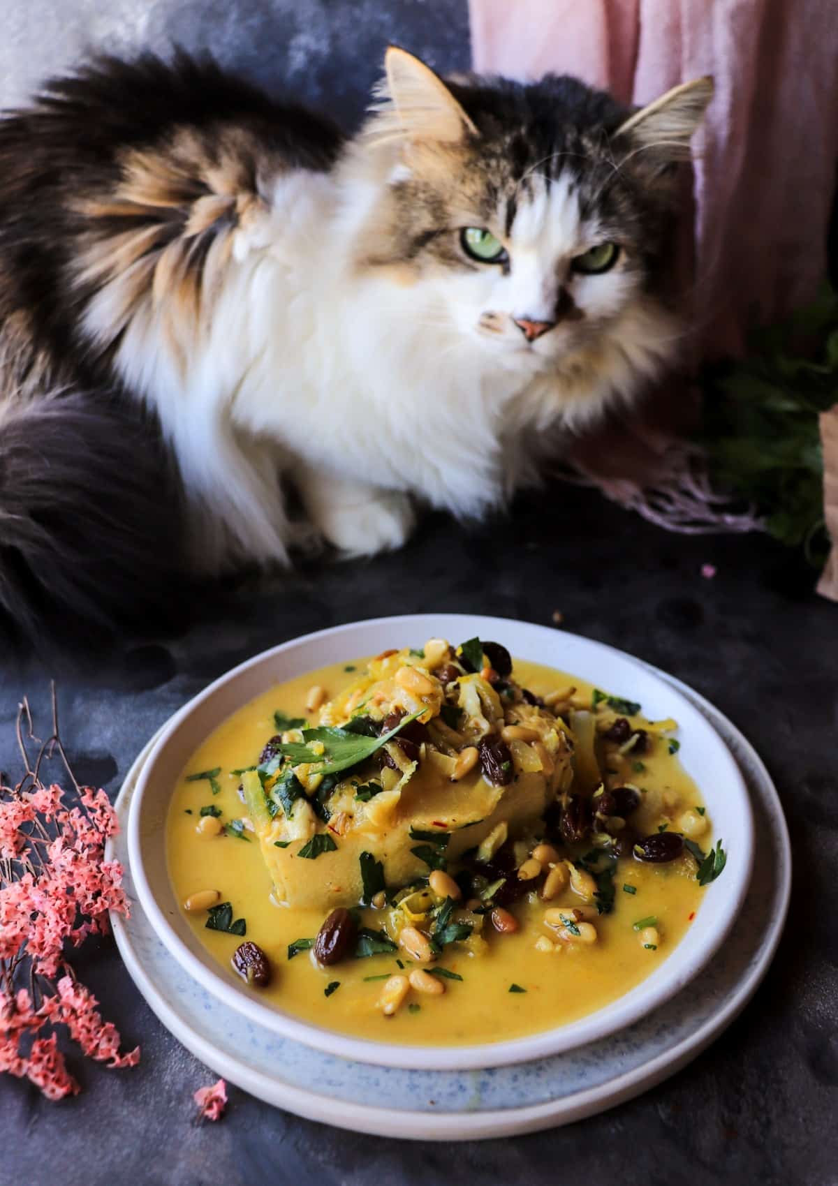 Halibut with Saffron, Raisins, and Pine Nuts (Sicilian-Inspired)