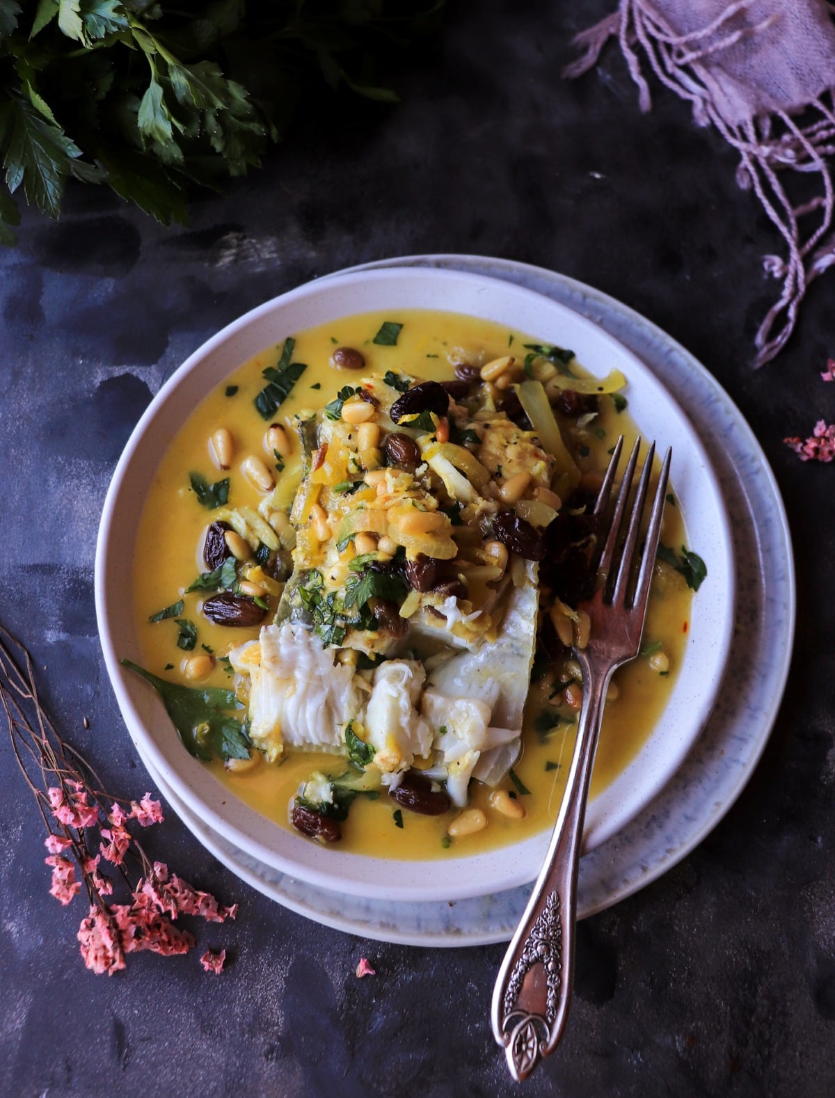 Mediterranean halibut with saffron and pine nuts