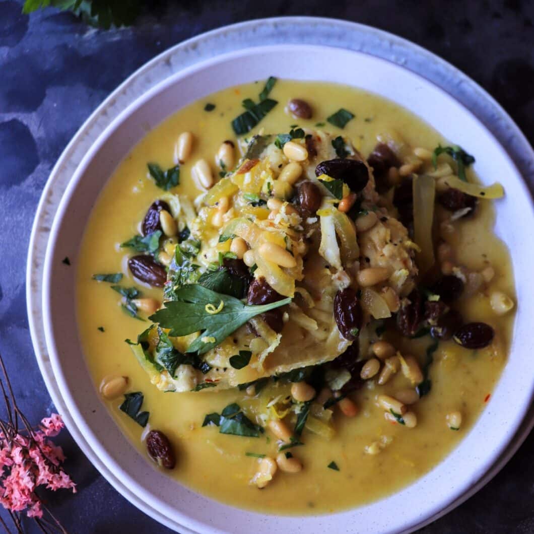 Halibut with Saffron, Raisins, and Pine Nuts (Sicilian-Inspired)