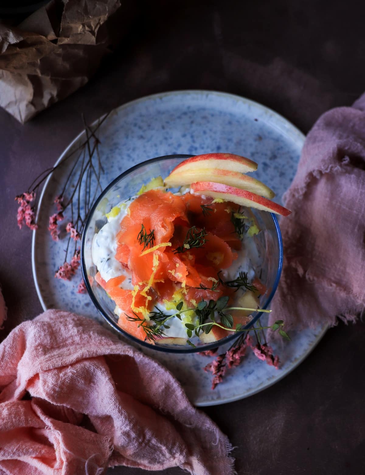 smoked salmon verrine with apple, dill, and horseradish cream