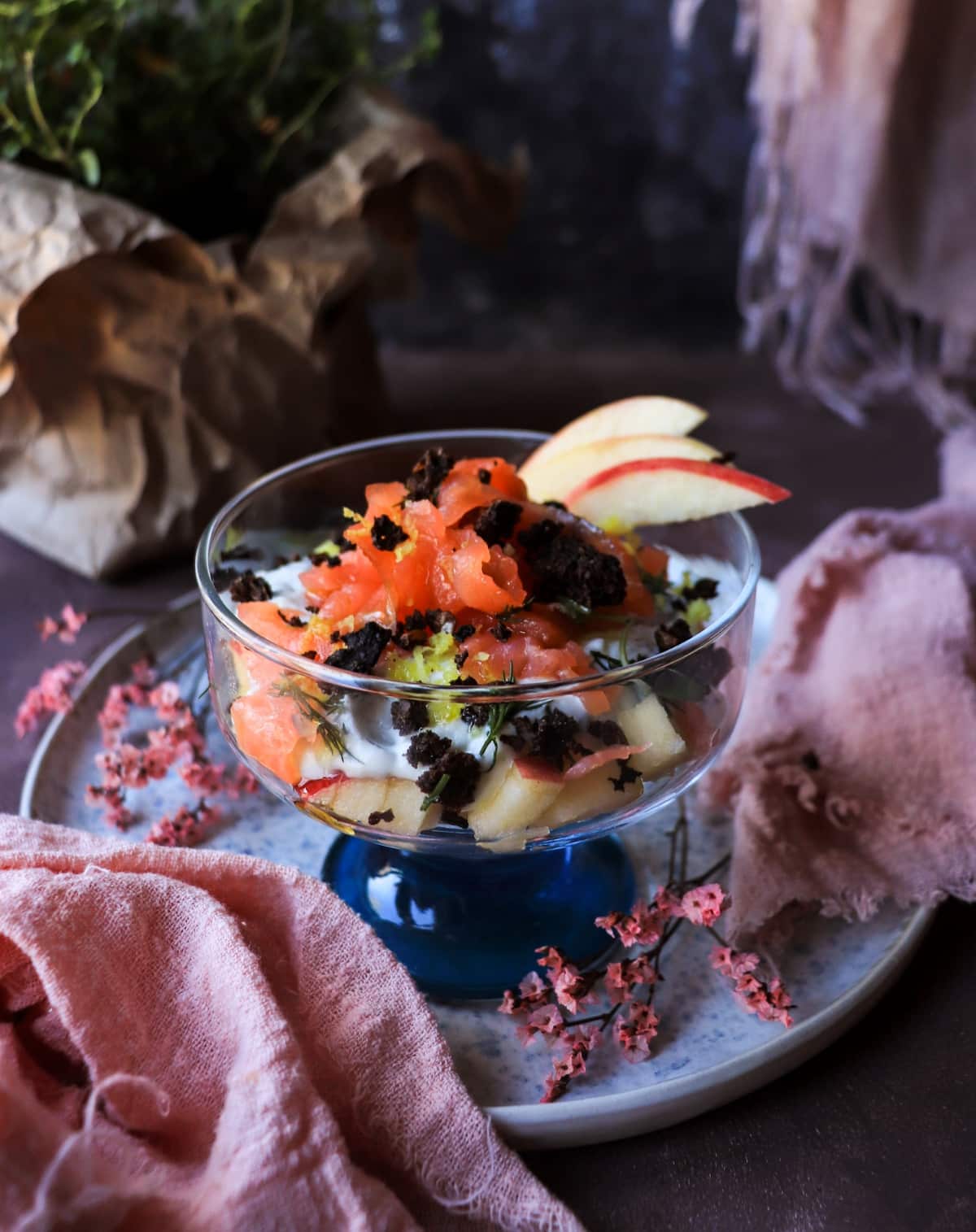 Nordic-inspired smoked salmon appetizer with pumpernickel crumbs