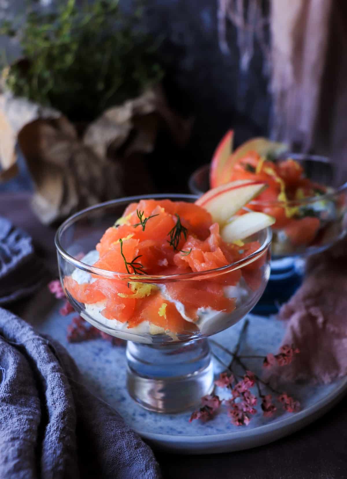 Scandinavian-style smoked salmon verrine appetizer with apple