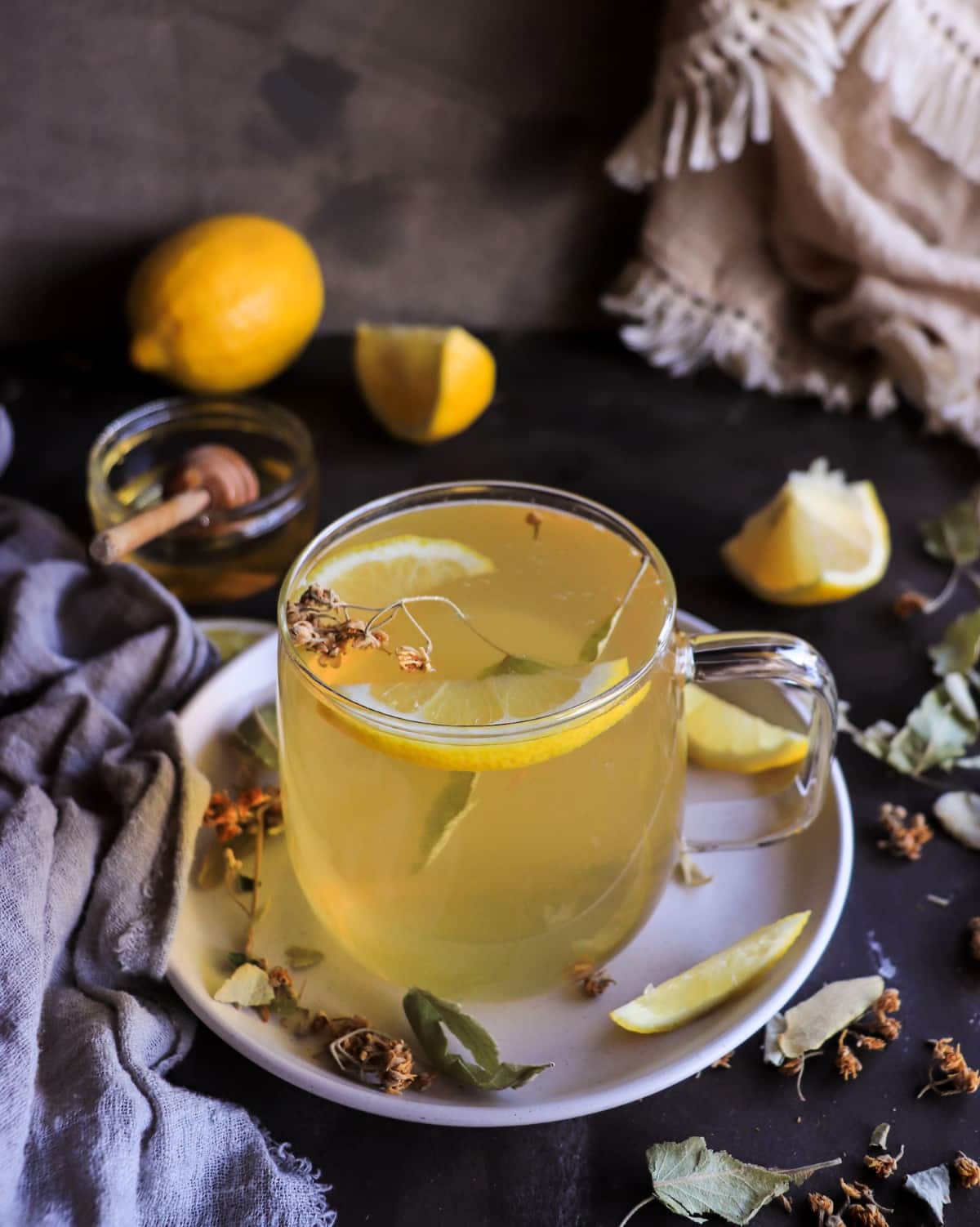 Homemade linden tea with lemon and honey