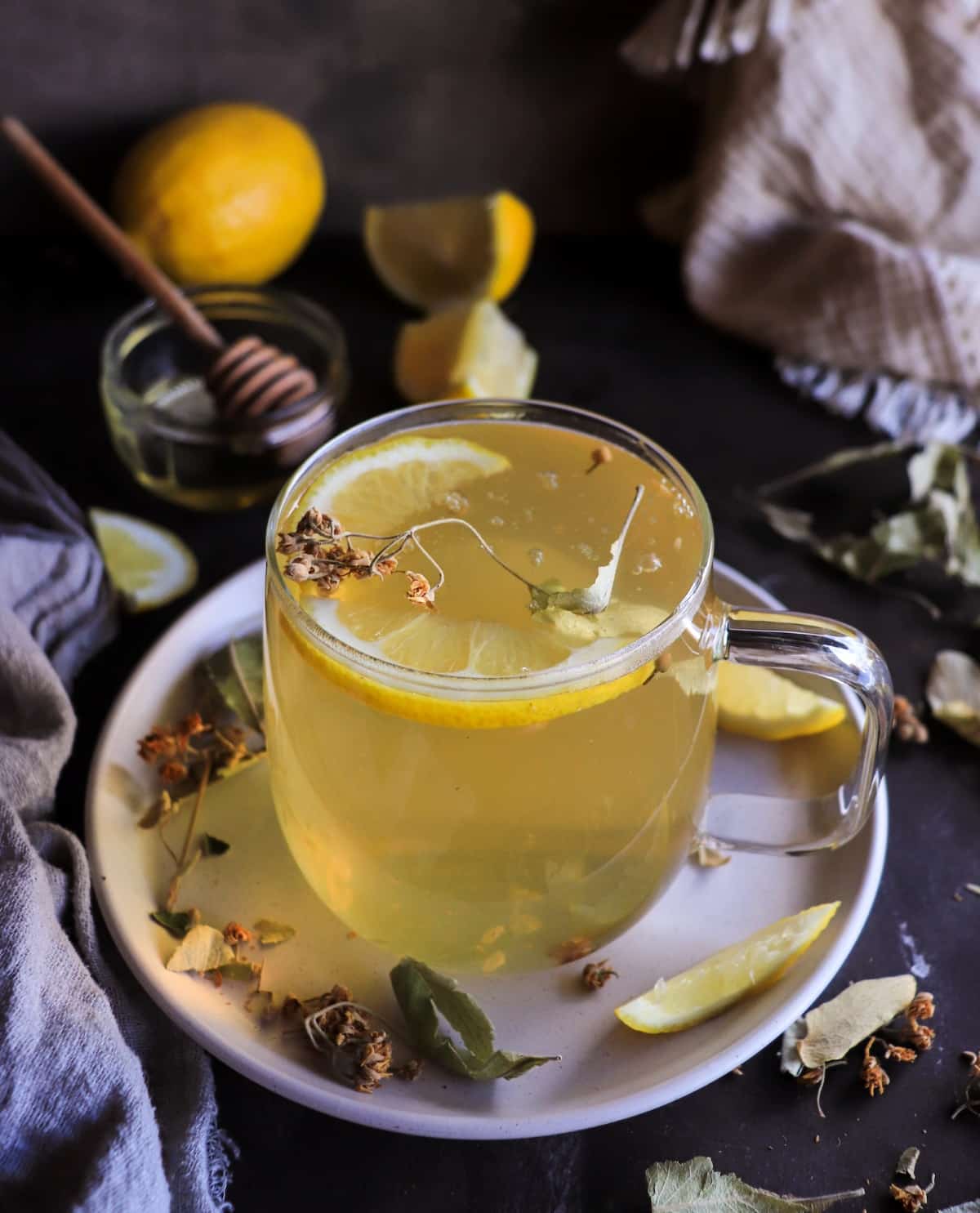 Linden tea recipe with lemon, honey, and dried linden flowers