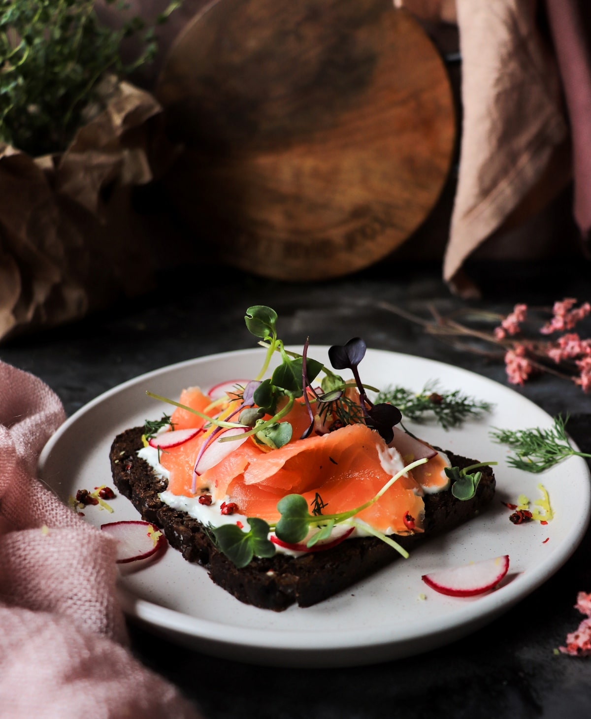 Open-faced Nordic rye sandwich with smoked salmon and horseradish cream