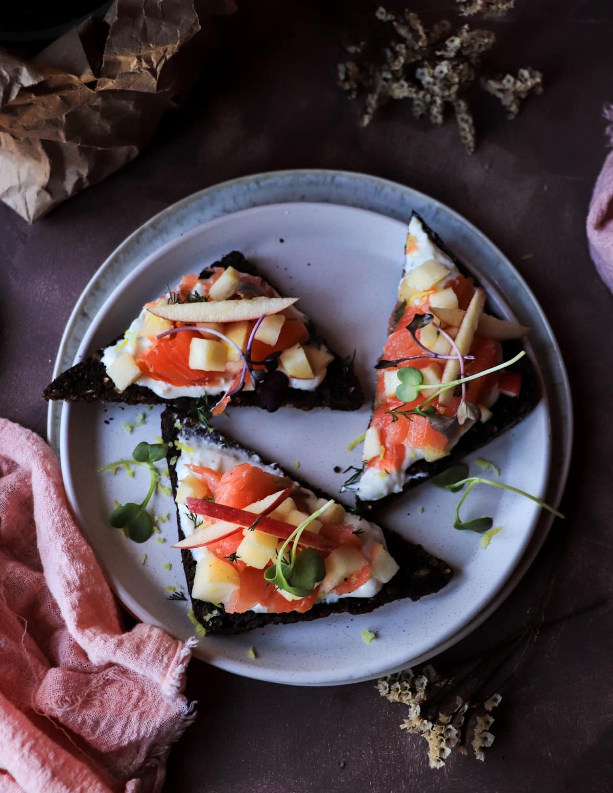 Nordic Rye Bread Toast with Smoked Salmon, Horseradish, Dill, and Apple