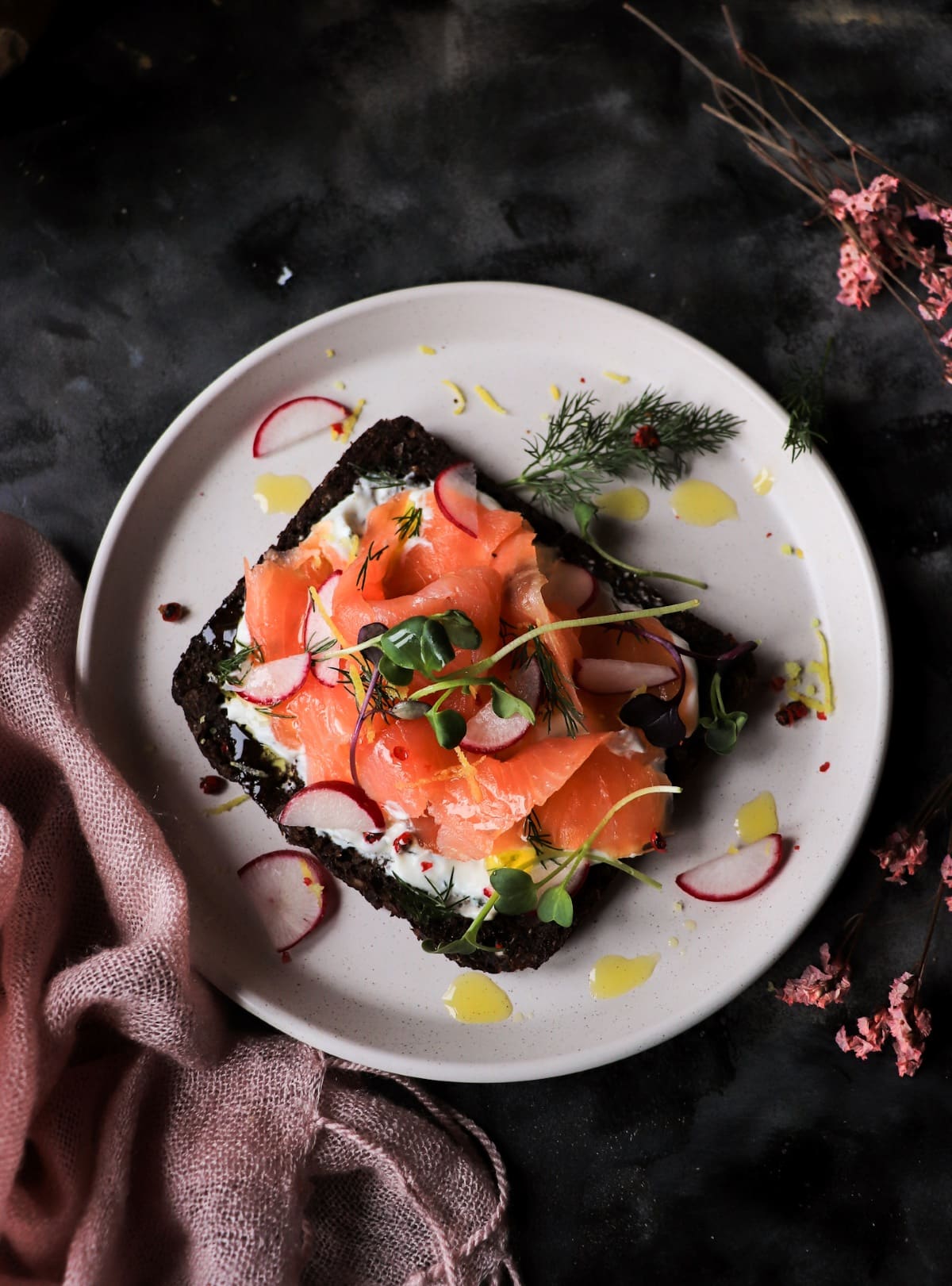 Scandinavian open-faced sandwich with smoked salmon and rye bread