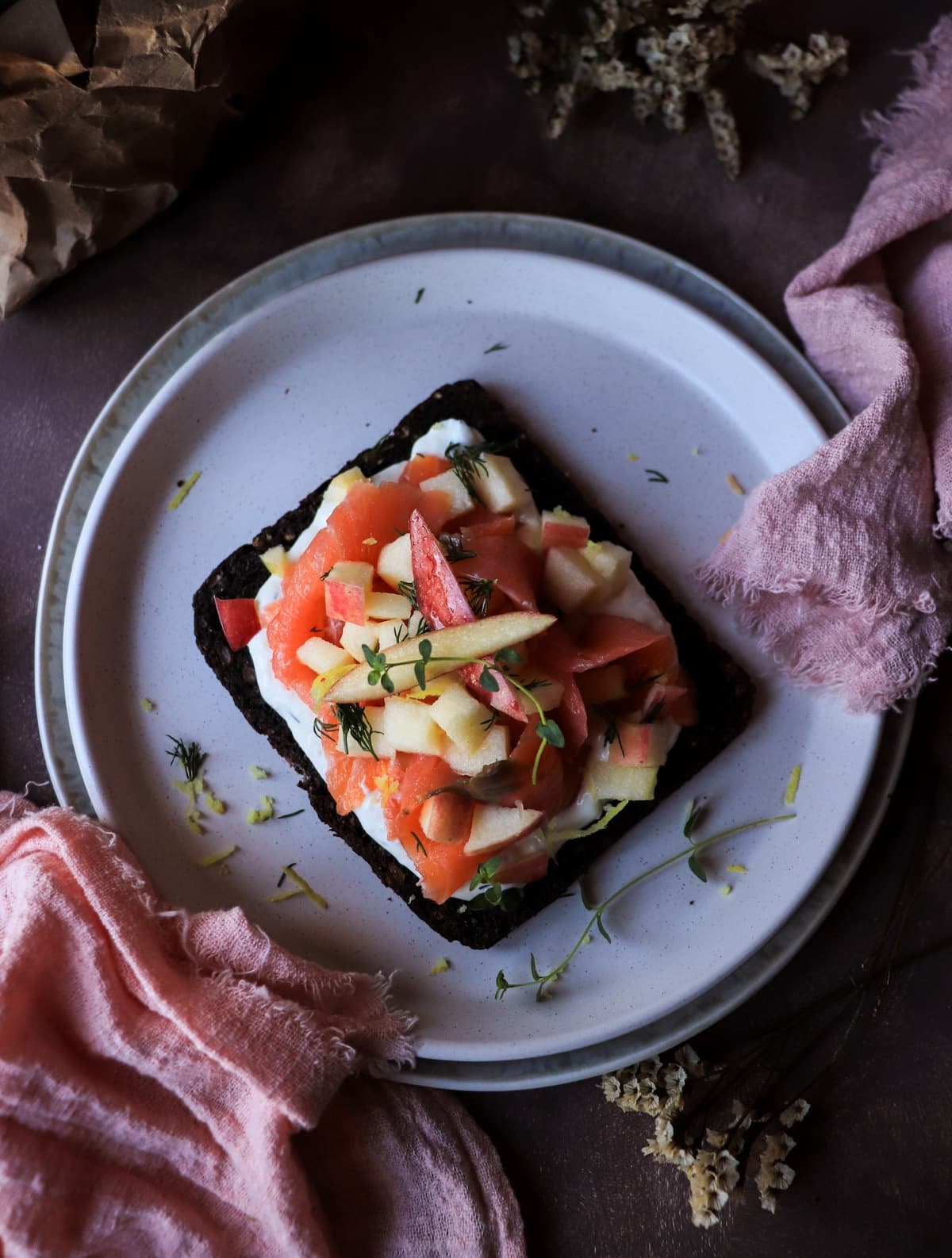 Nordic open-faced sandwich with smoked salmon and fresh apples