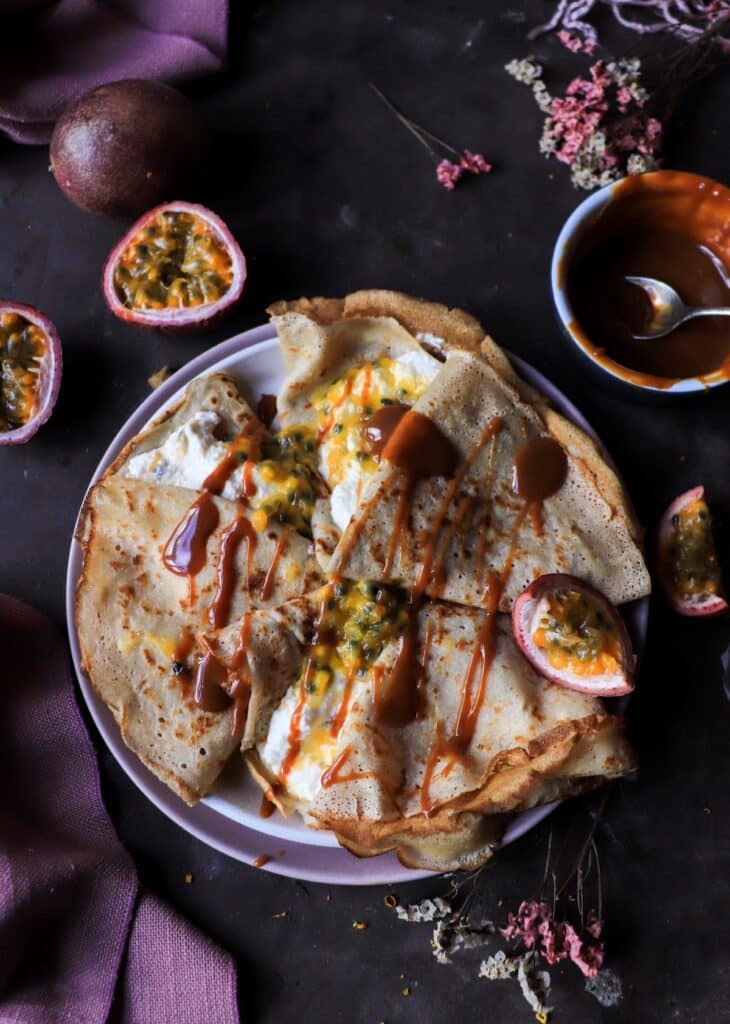 Crêpes with Ricotta, Dulce de Leche, and Passion Fruit
