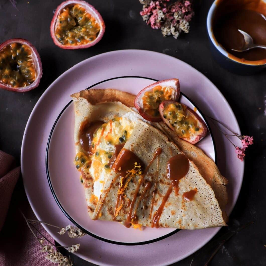 Crêpes with Ricotta, Dulce de Leche, and Passion Fruit