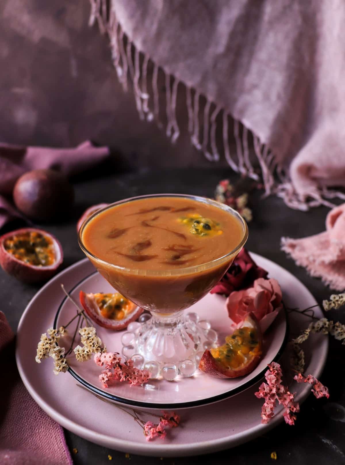 Creamy rum cocktail flavoured with dulce de leche and passion fruit