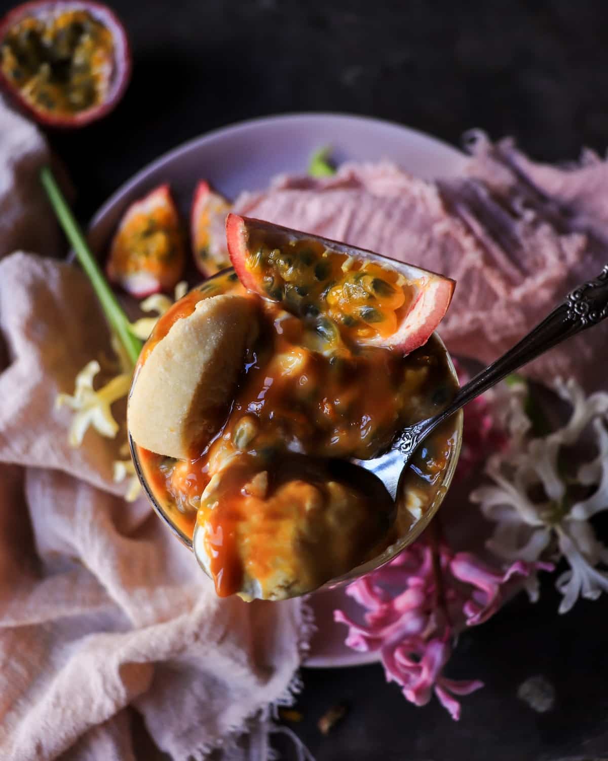 Passion Fruit Dulce de Leche Trifle showing creamy mascarpone and tropical caramel sauce.