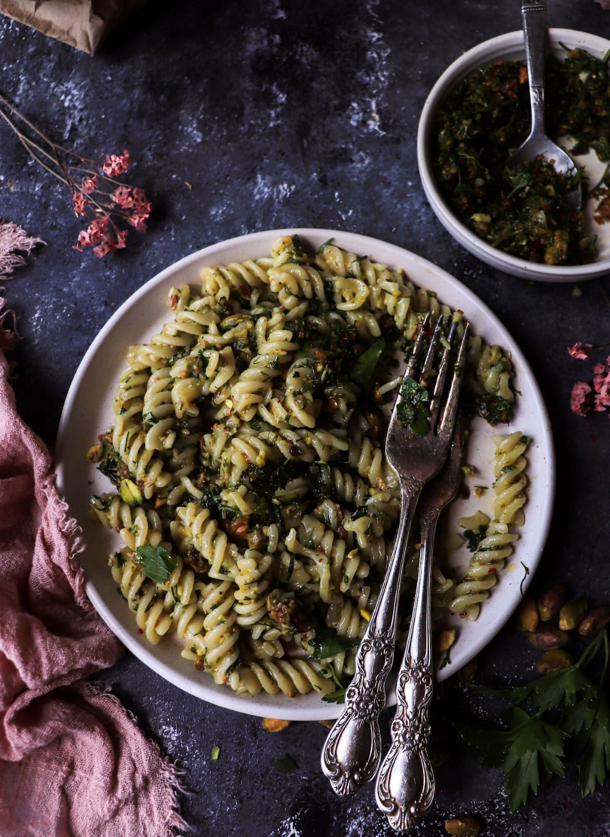 Mediterranean-inspired pasta tossed with lemon pistachio gremolata.