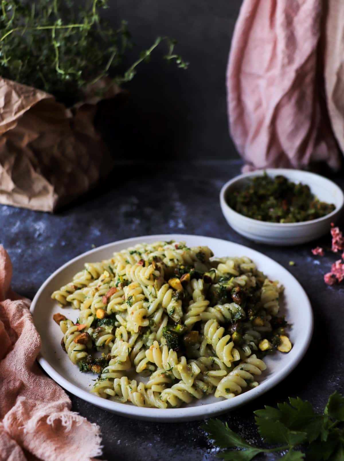 Italian-inspired pistachio pasta with pistachios, lemon and olive oil.