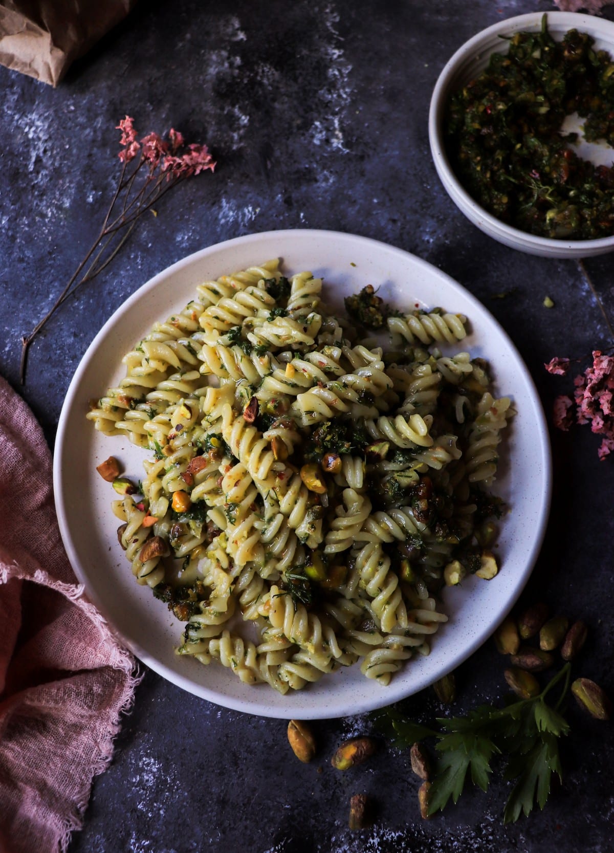 pasta with pistachio gremolata is a fresh and rustic Italian-inspired pasta recipe featuring herbs, lemon zest, garlic, olive oil, and crunchy pistachios