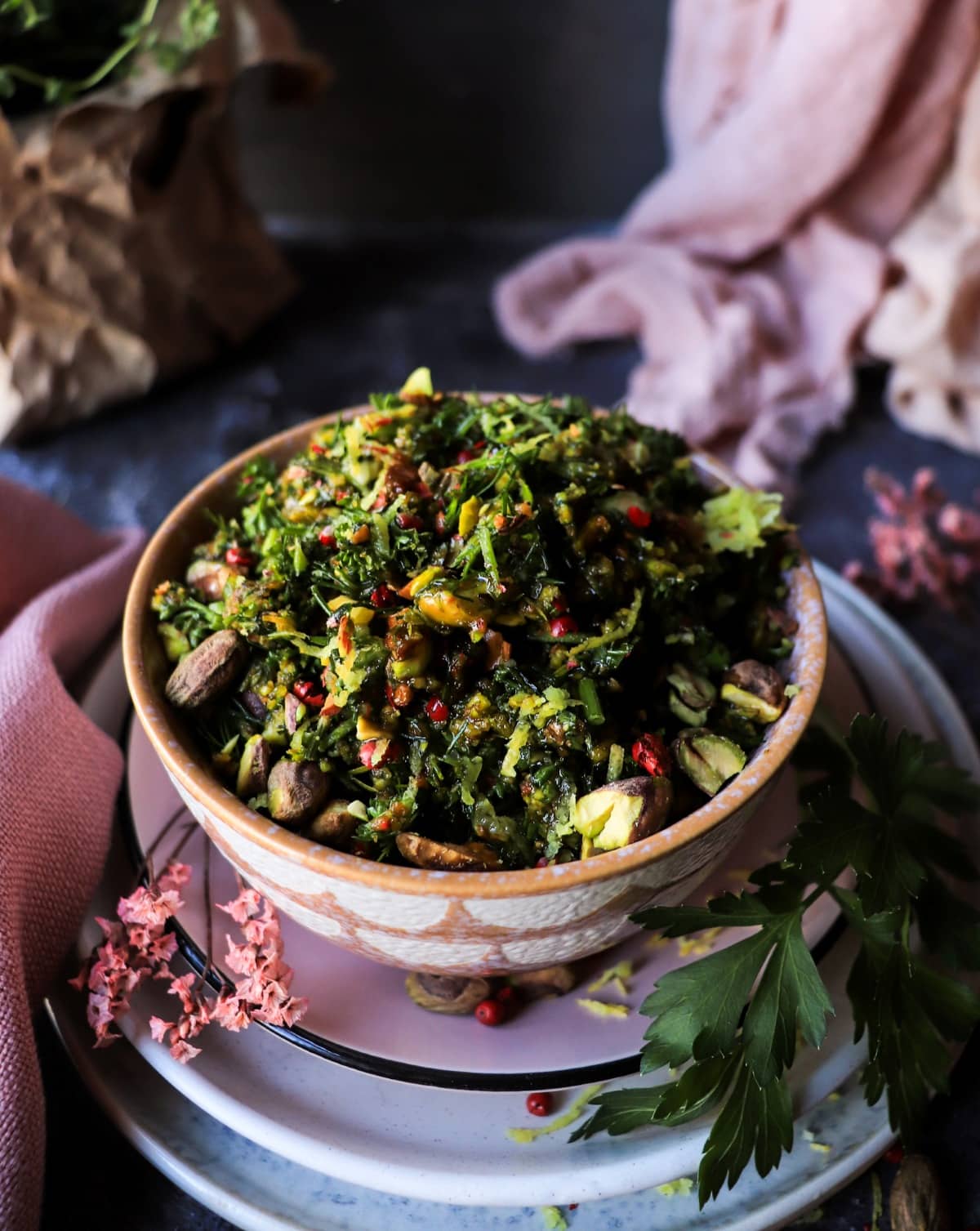 Fresh Italian-inspired pistachio gremolata