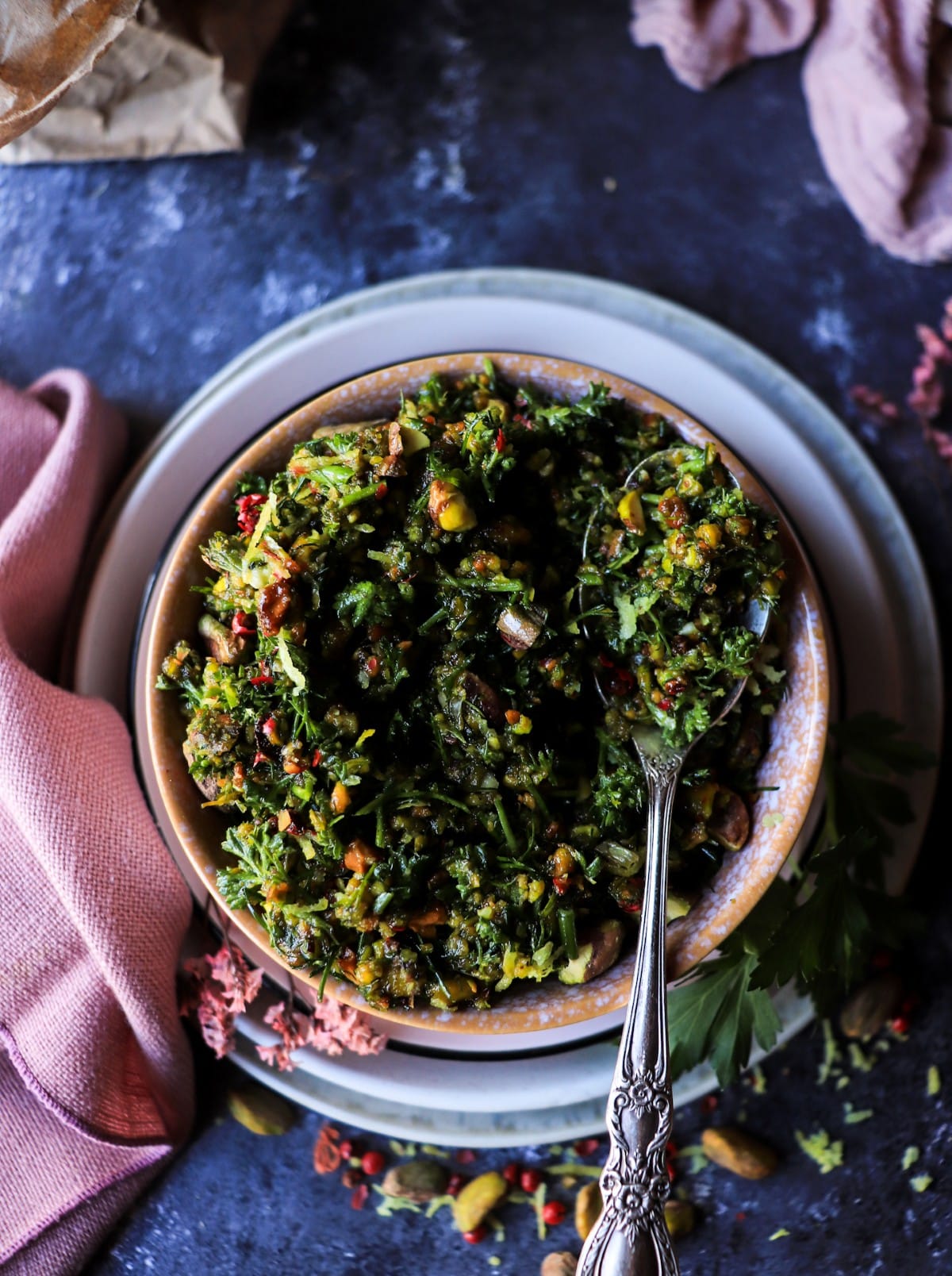 Chunky pistachio gremolata with fresh herbs and lemon zest