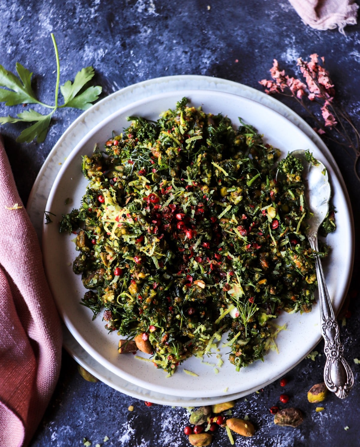This pistachio gremolata combines fresh herbs, lemon zest, garlic, and pistachios for a bright Italian-inspired condiment.