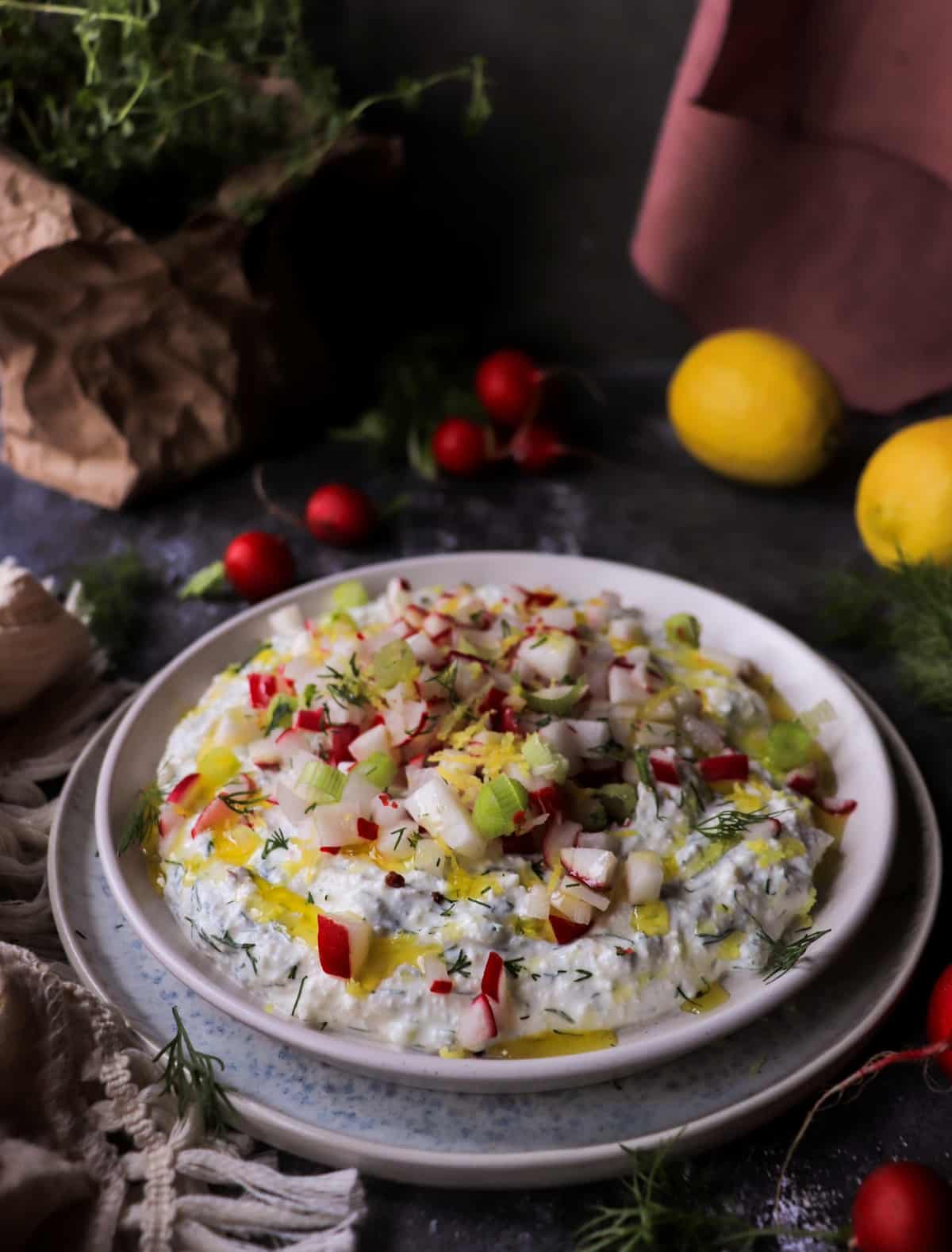 Rustic spring feta spread with radishes and lemon