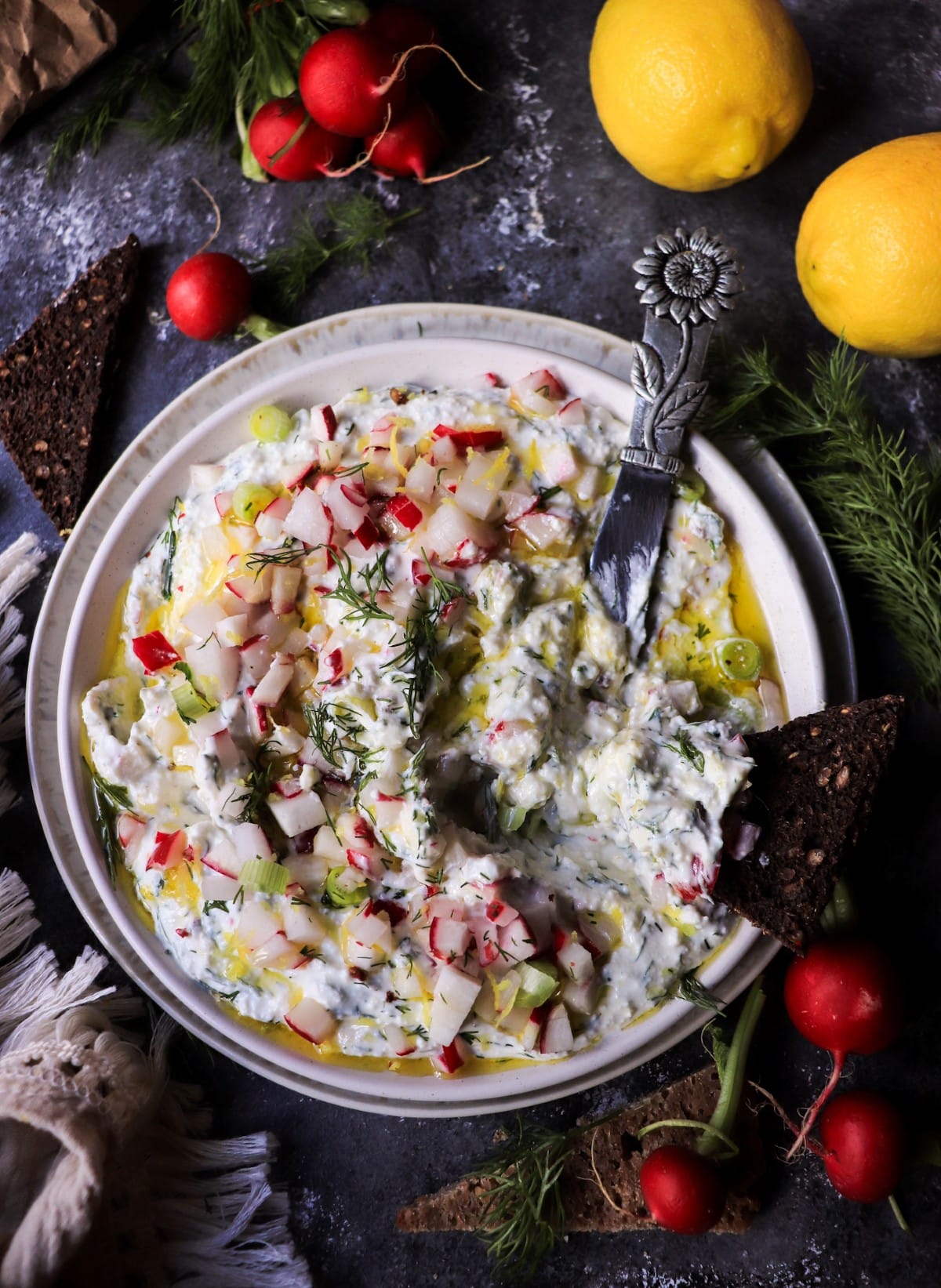 Radish feta dip with lemon and herbs