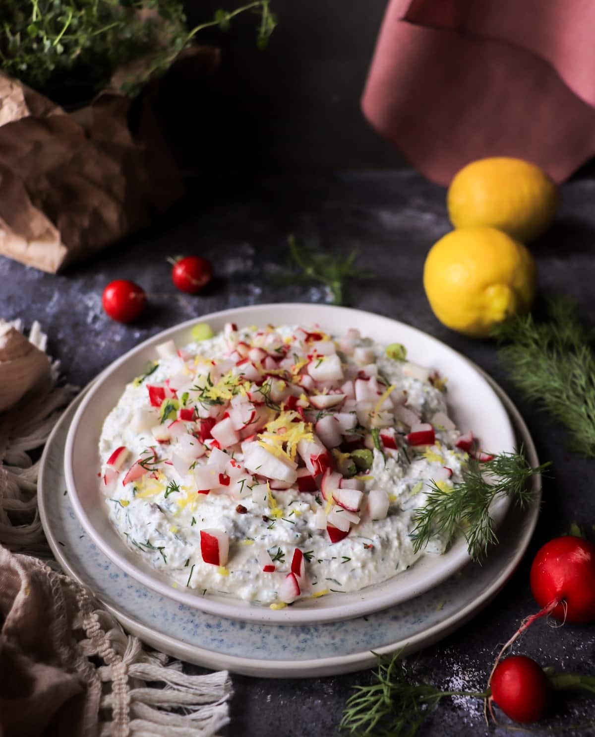 Rustic feta spread recipe with radishes and dill