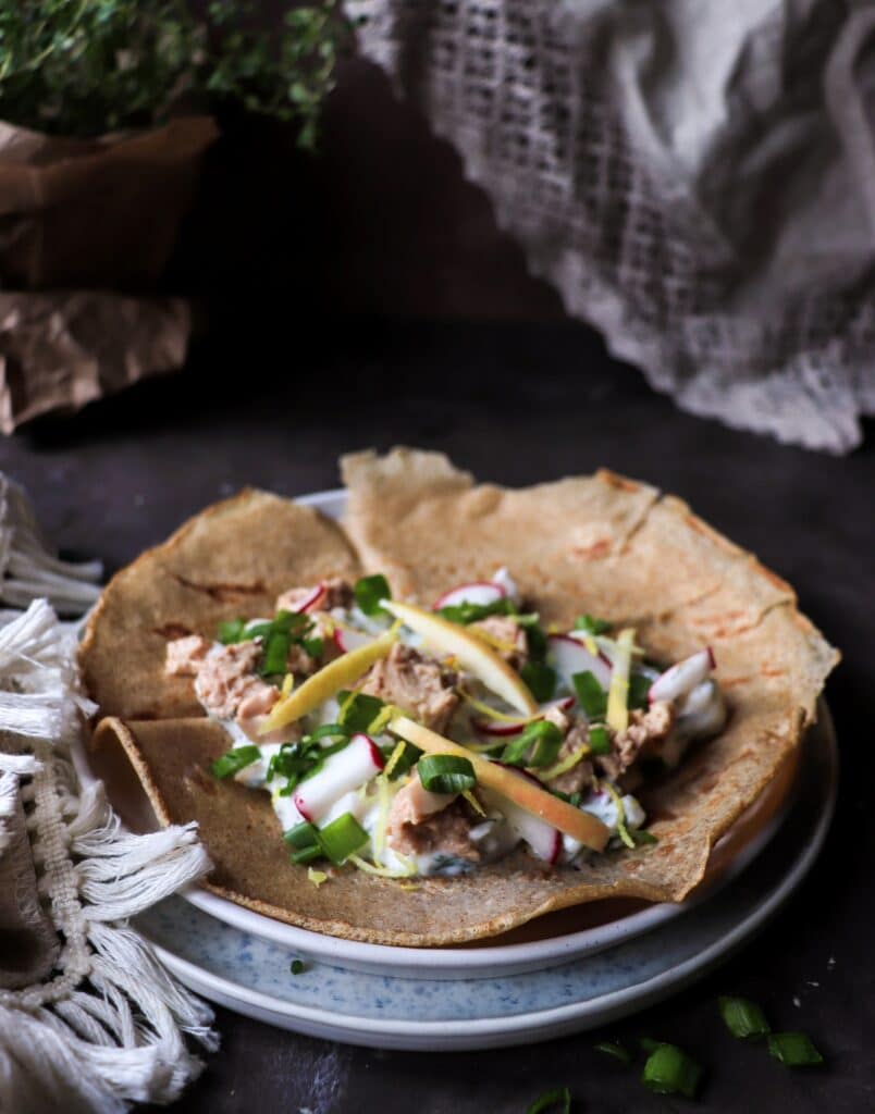Rye Crêpes with Cod Liver and Apple Horseradish Sauce