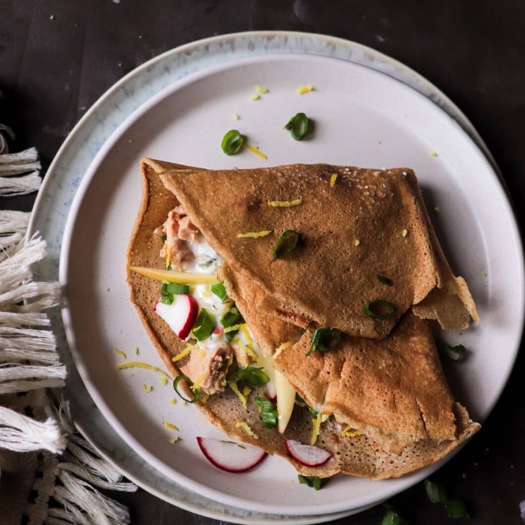 Rye Crêpes with Cod Liver and Apple Horseradish Sauce
