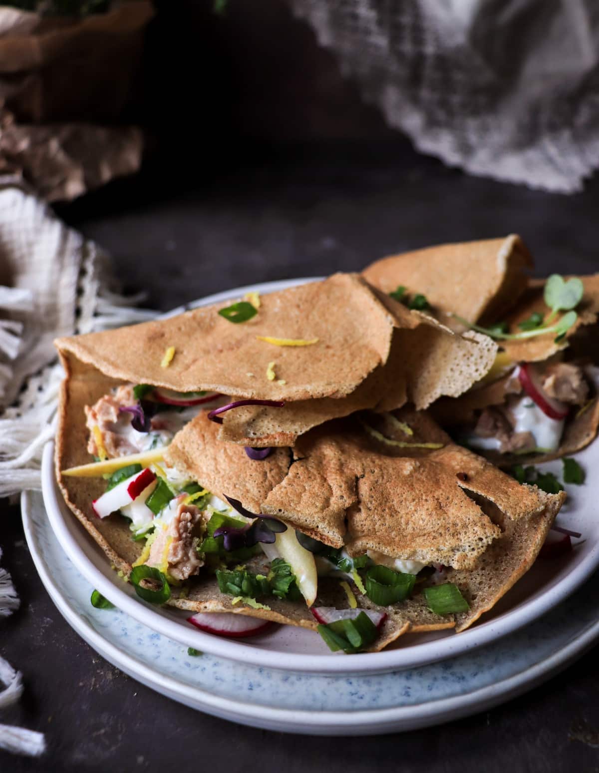 Rye Crêpes with Cod Liver and Apple Horseradish Sauce