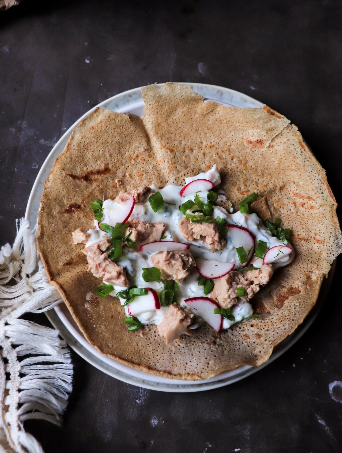 Scandinavian-inspired rye crêpe with cod liver and apples