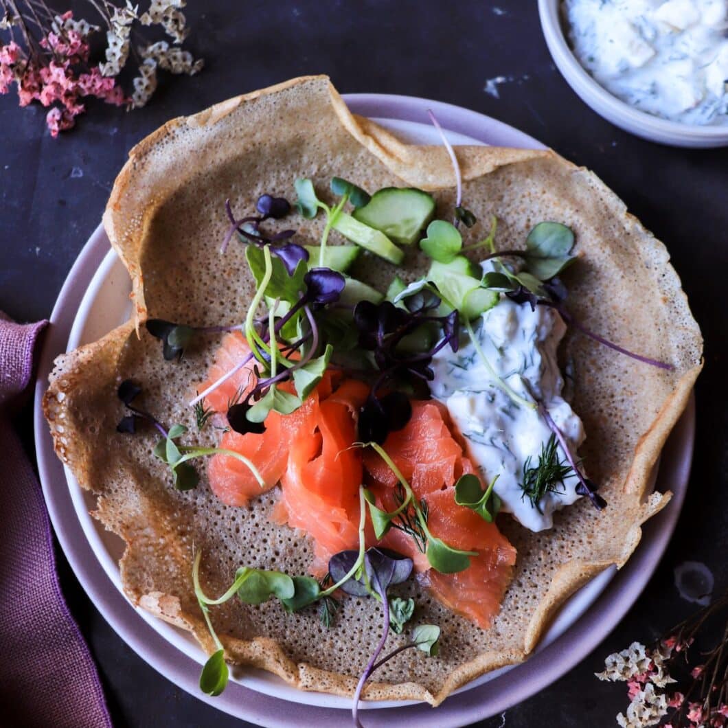 Rye Crêpes with Smoked Salmon and Horseradish Apple Sauce