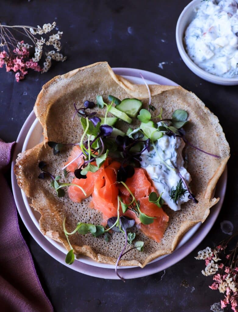 Rye Crêpes with Smoked Salmon and Horseradish Apple Sauce