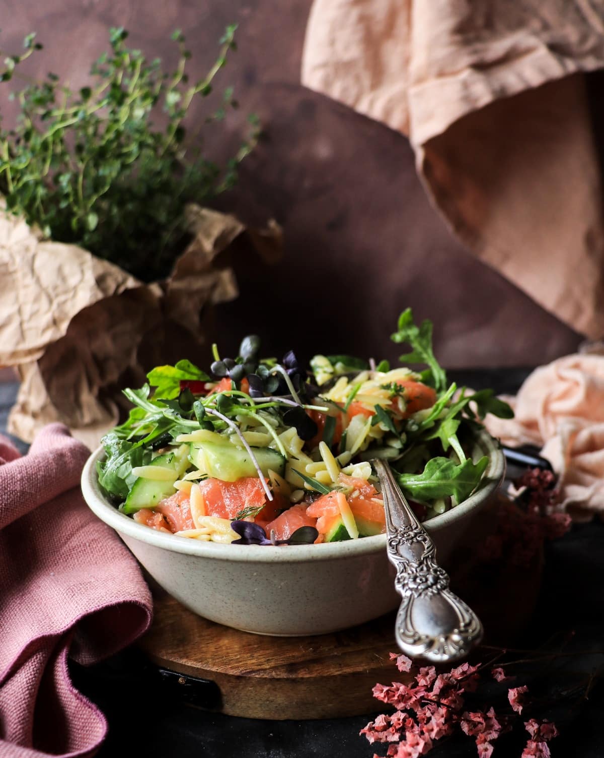 Smoked salmon orzo salad with dill, cucumber, and Nordic-inspired mustard dressing.
