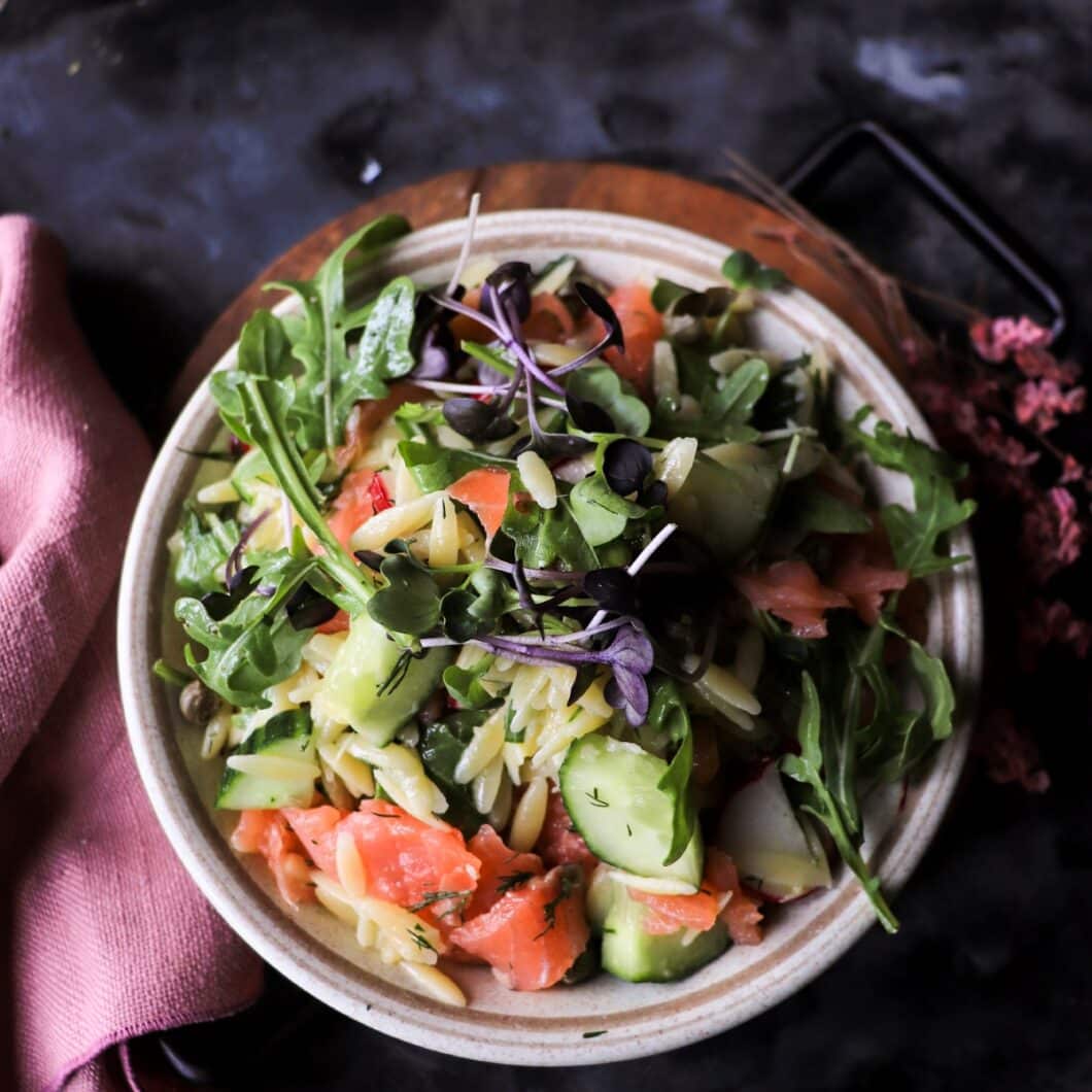 Smoked Salmon Orzo Salad with Herbs and Mustard Dressing