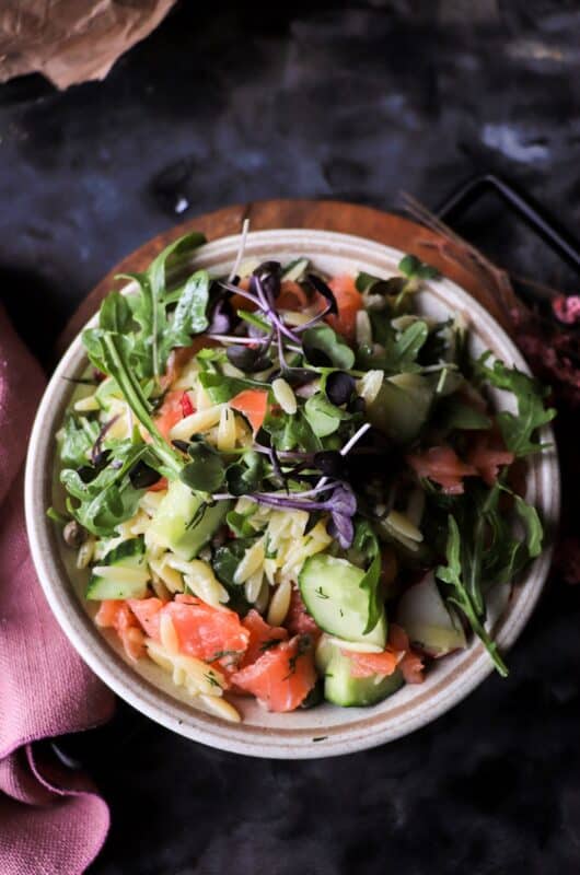 Smoked Salmon Orzo Salad with Herbs and Mustard Dressing