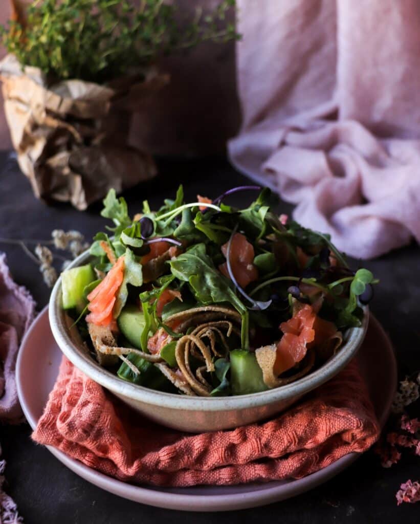 Smoked Salmon Salad with Rye Crêpes