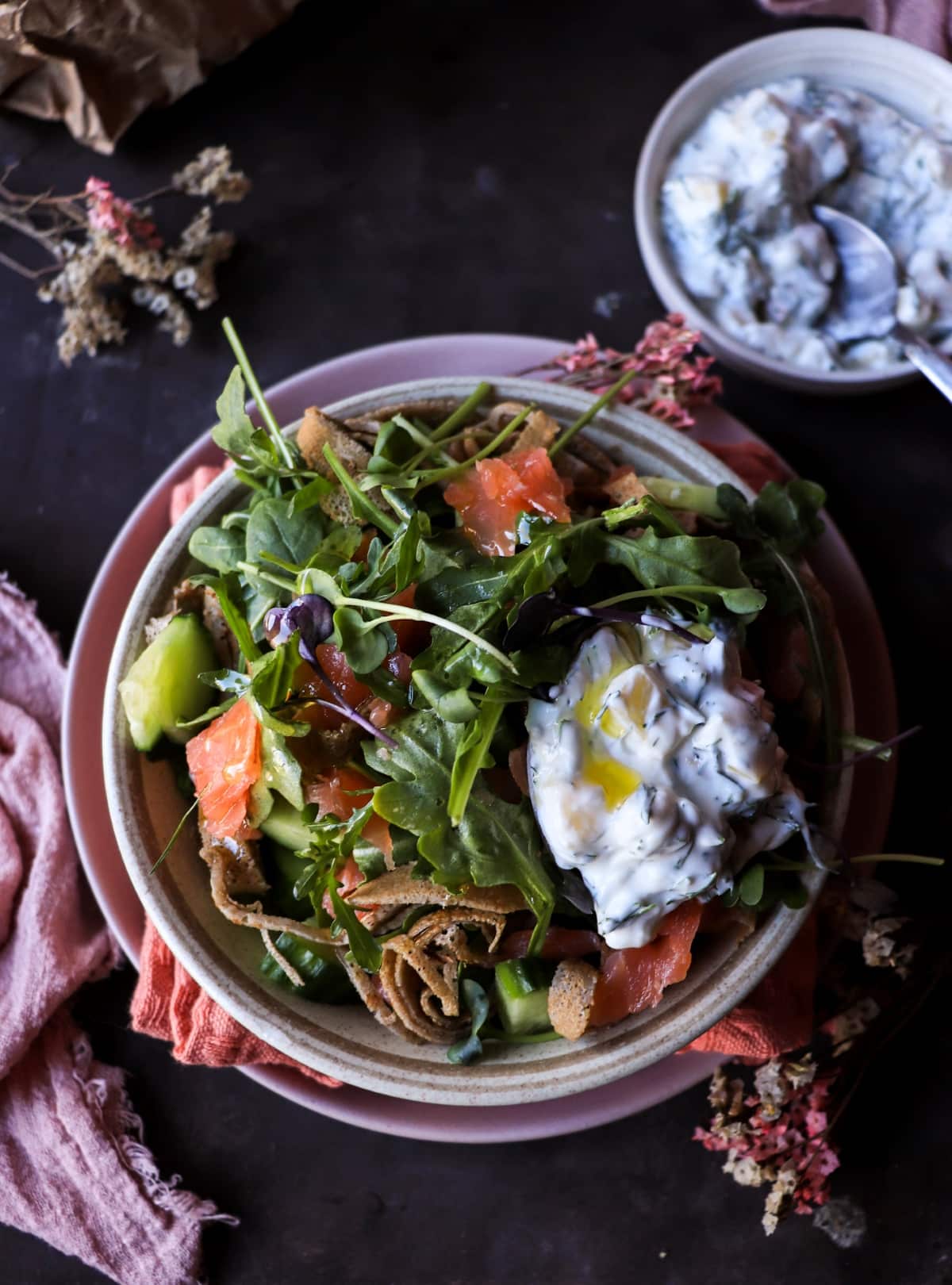 Nordic-inspired smoked salmon salad with rye crêpes is fresh, rustic, and balanced with dill and a creamy horseradish dressing.