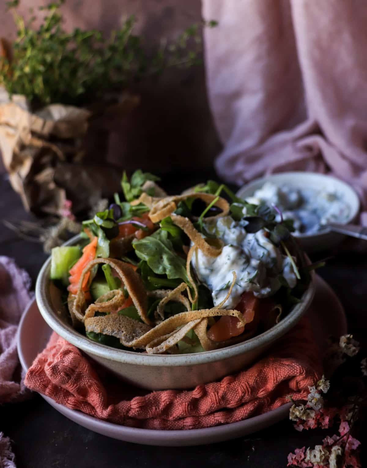 Nordic rye crêpe salad with smoked salmon and creamy yogurt sauce